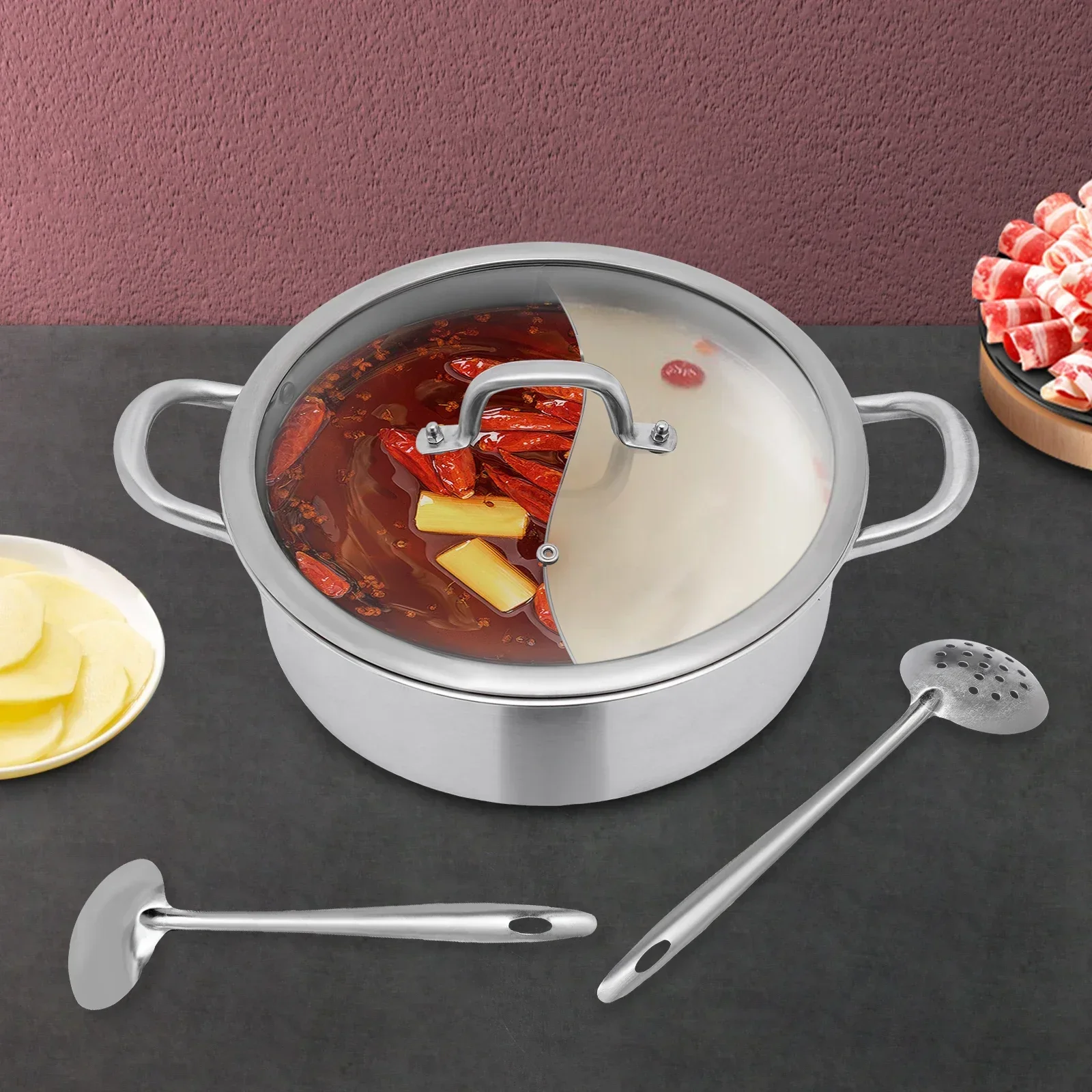 Hot Pot with Divider and Glass Lid, 304 Stainless Steel Pot, Cooking Pot Set for Induction Hobs, Gas Hobs, and Oven Pot