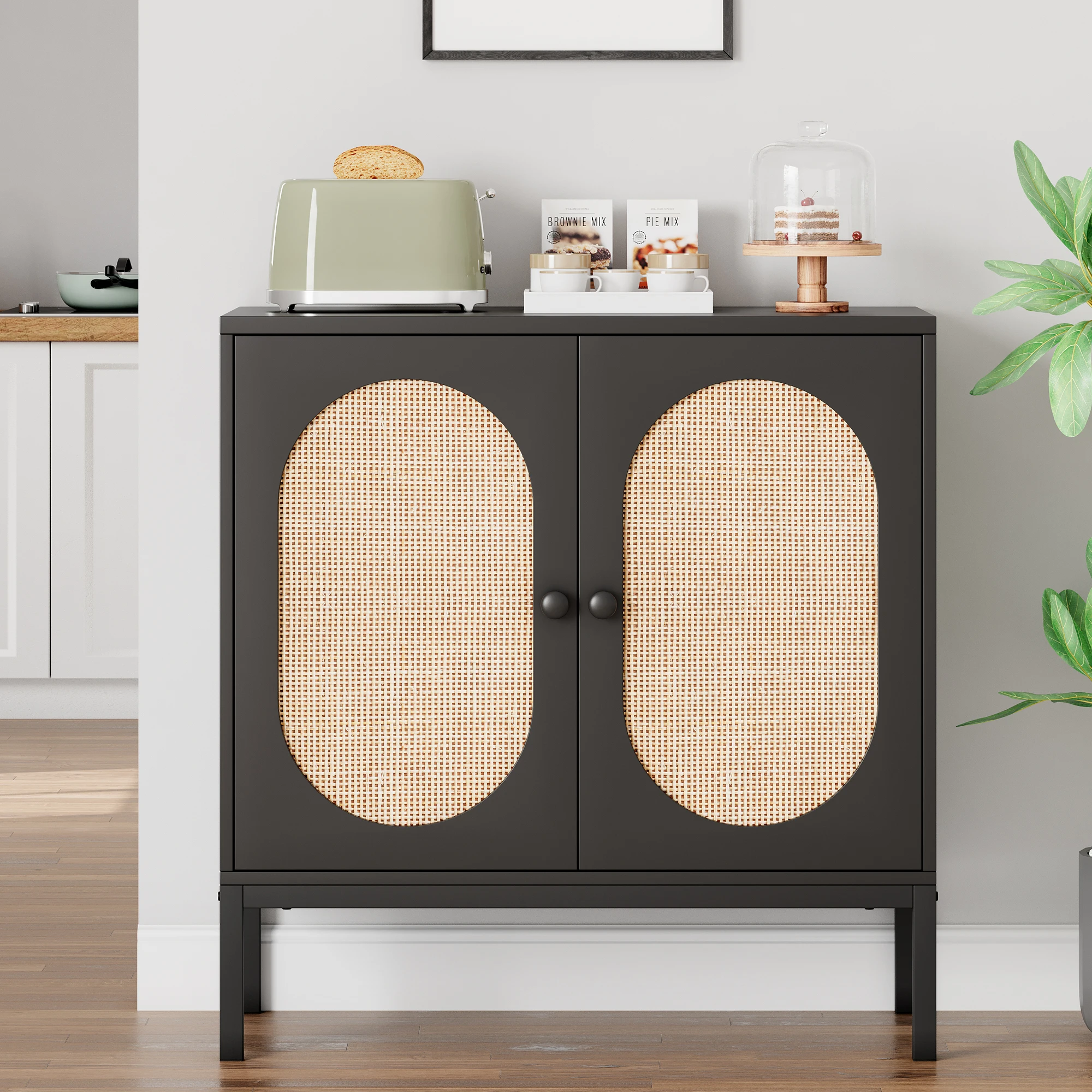 Buffet Cabinet, Rattan Storage Cabinet with Doors and Shelves, Accent Cabinet Sideboard, Wood Console Cabinet with Storage for R