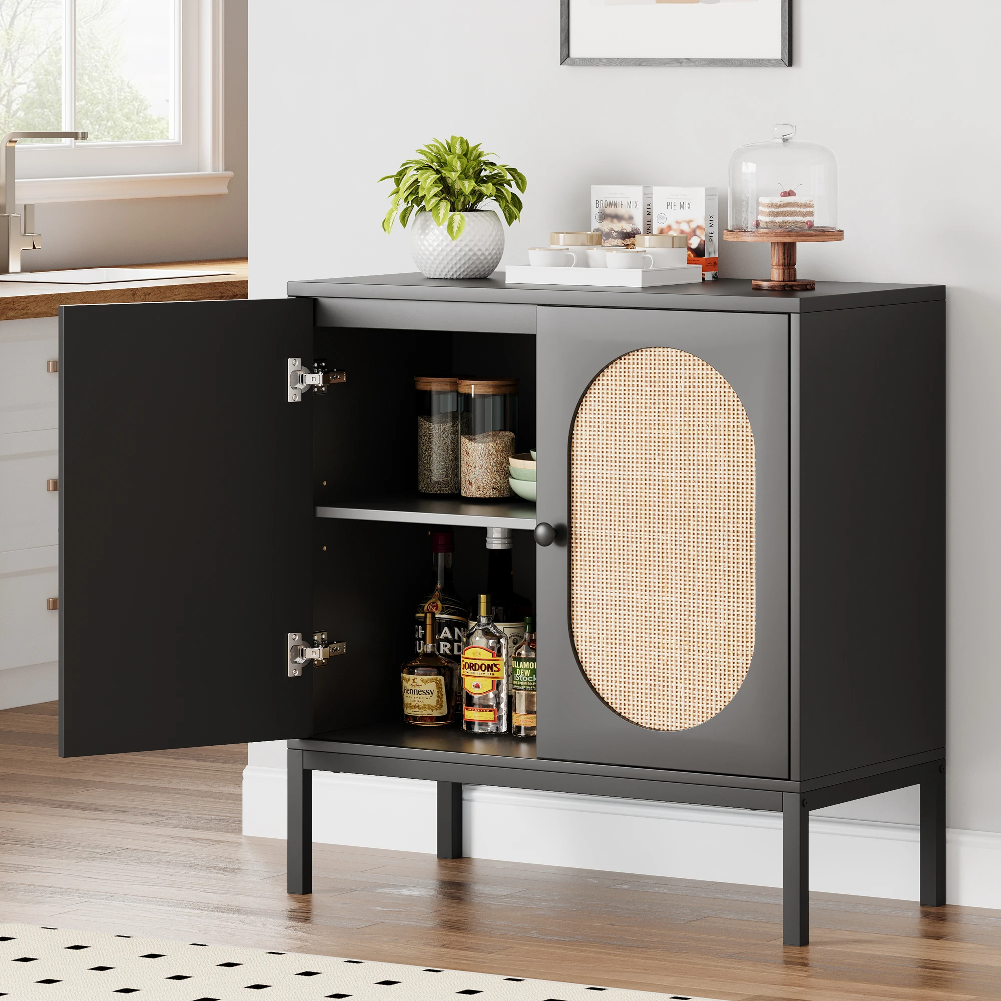 Buffet Cabinet, Rattan Storage Cabinet with Doors and Shelves, Accent Cabinet Sideboard, Wood Console Cabinet with Storage for R