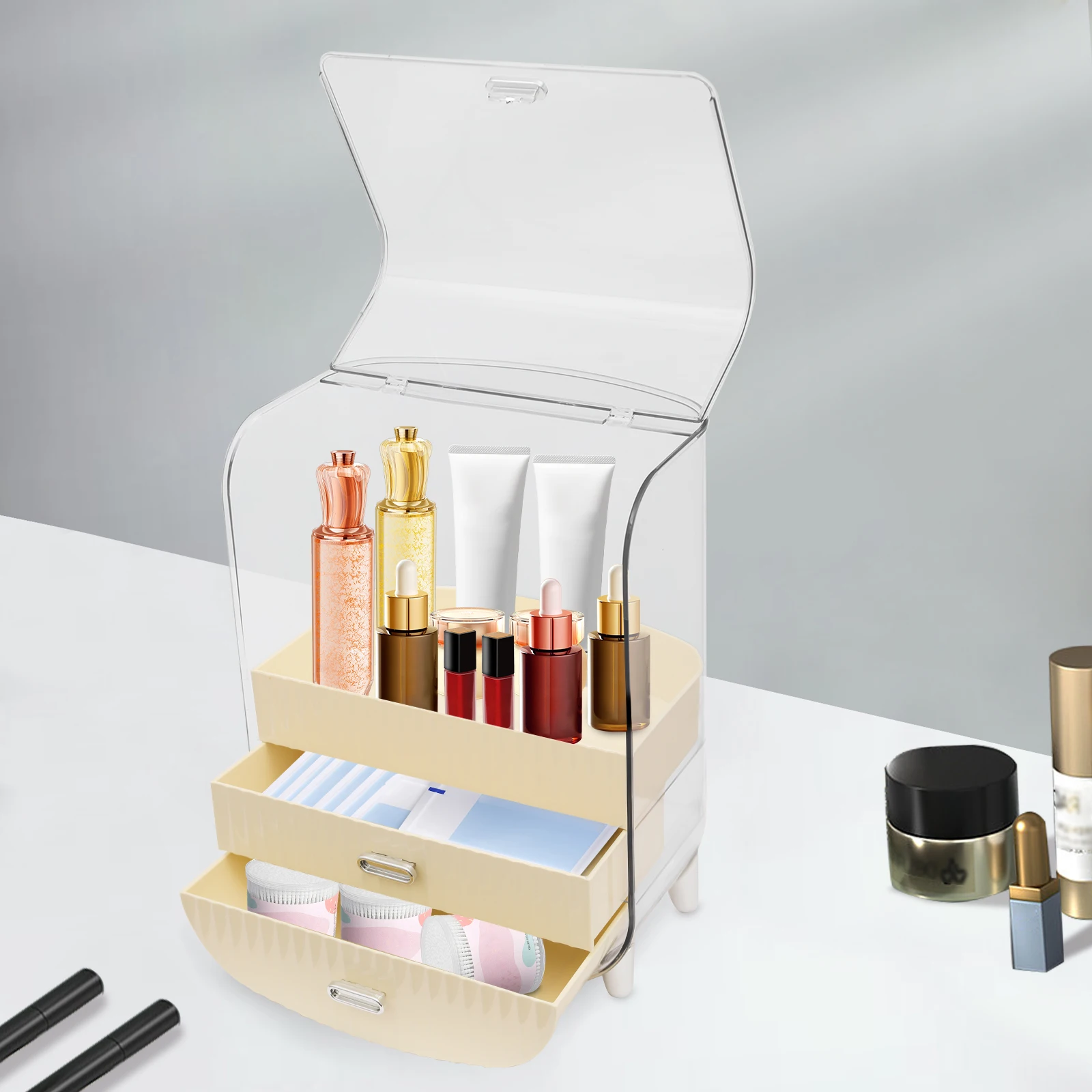 Rust-Resistant Large Makeup Organizer Cosmetics Skincare Organizers with Lid and Drawers for Dressing Table/Bedroom/Bathroom