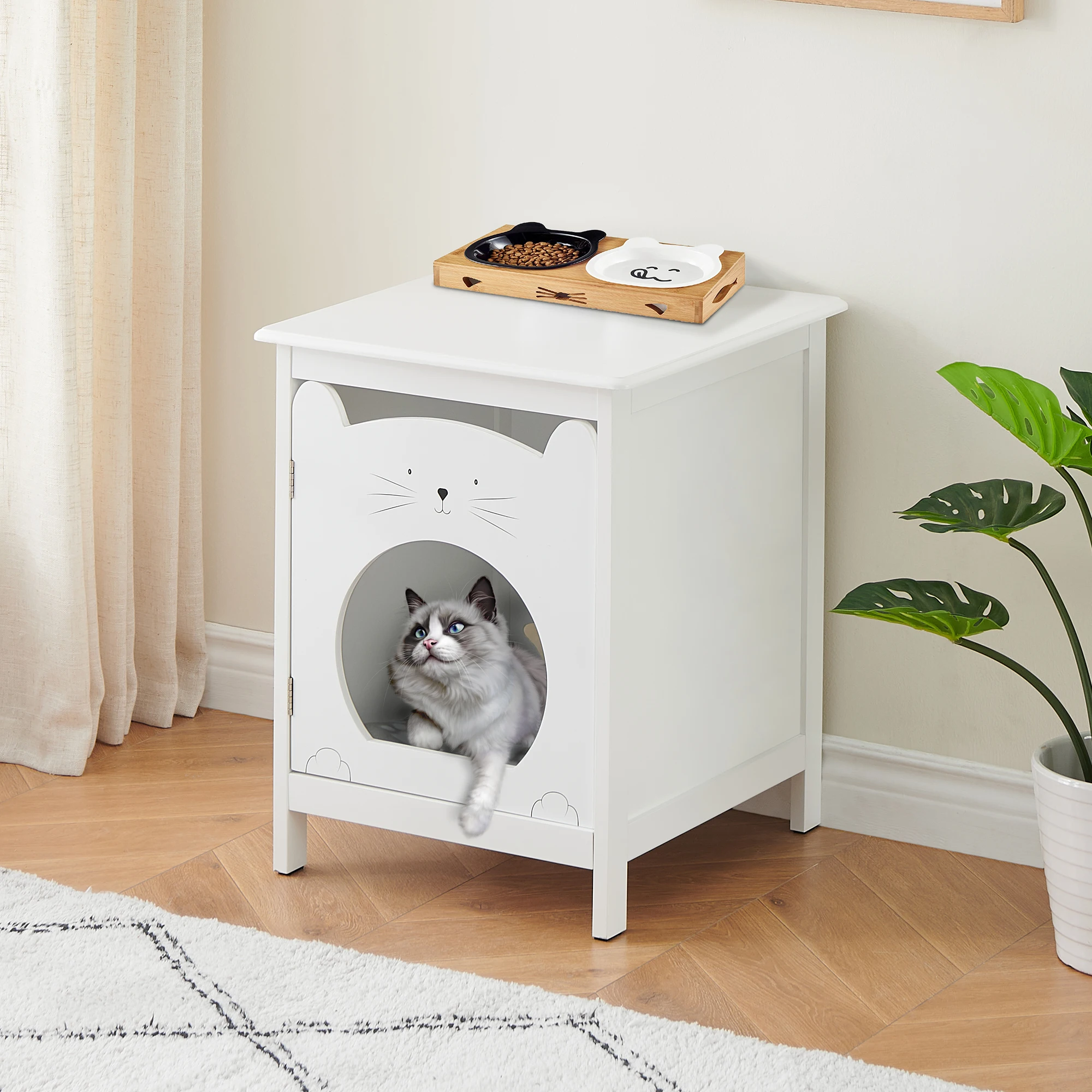 Bedside Table Cat House Cat Litter Box Enclosure with Soft Mat, Side Table Pet House with Door Pet Crate Cat House