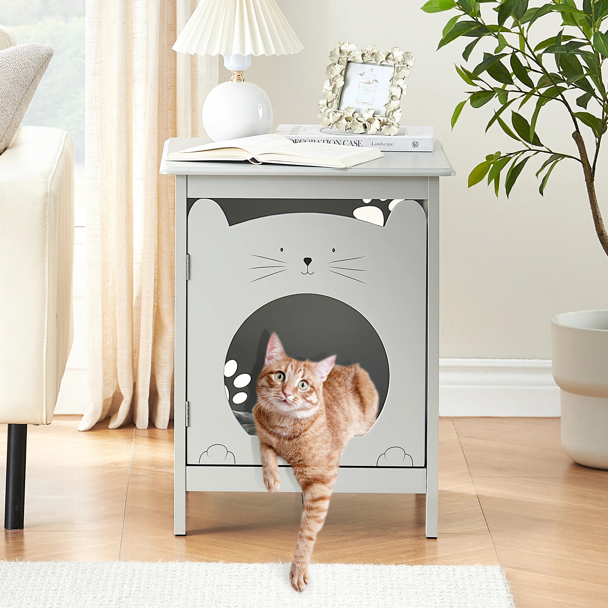 Bedside Table Cat House Cat Litter Box Enclosure with Soft Mat, Side Table Pet House with Door Pet Crate Cat House
