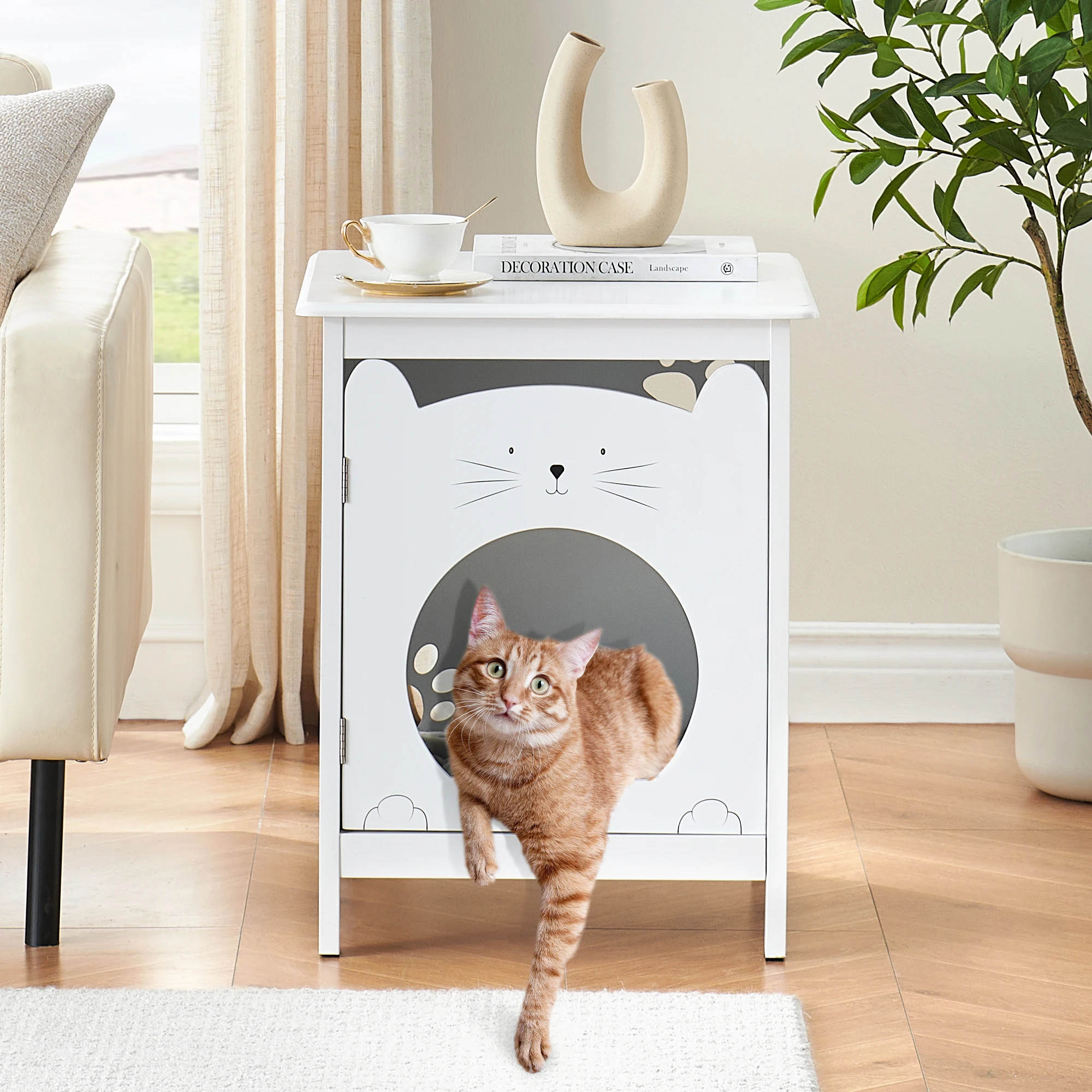 Bedside Table Cat House Cat Litter Box Enclosure with Soft Mat, Side Table Pet House with Door Pet Crate Cat House