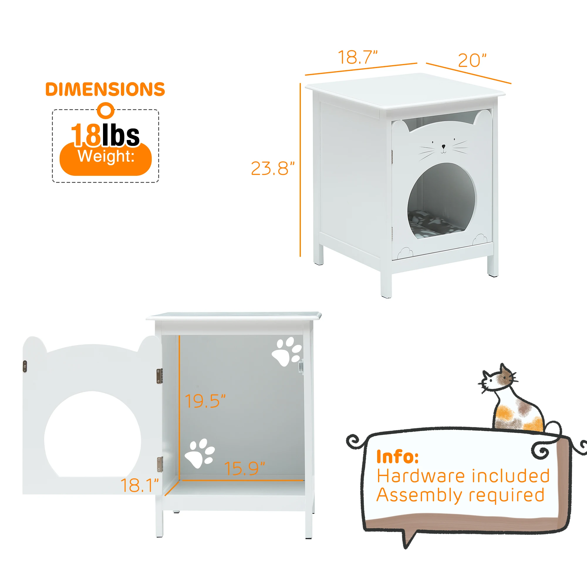 Bedside Table Cat House Cat Litter Box Enclosure with Soft Mat, Side Table Pet House with Door Pet Crate Cat House