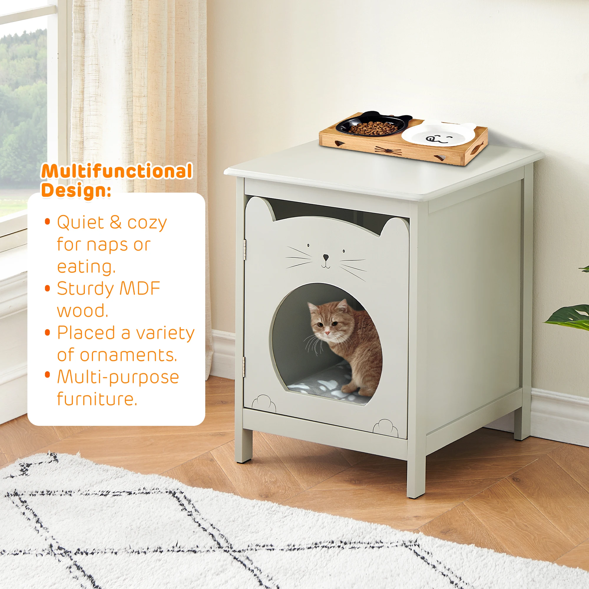 Bedside Table Cat House Cat Litter Box Enclosure with Soft Mat, Side Table Pet House with Door Pet Crate Cat House
