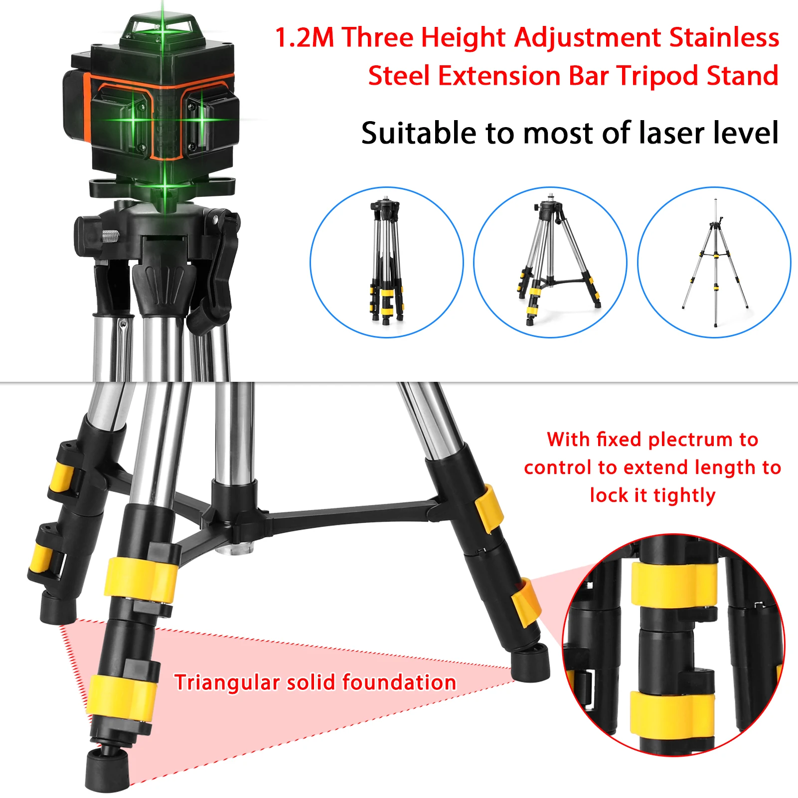 1.2M Extension Bar 1.2M Three Height Adjustment Stainless Steel Extension Bar Tripod Stand For Laser Level with Bubble-level