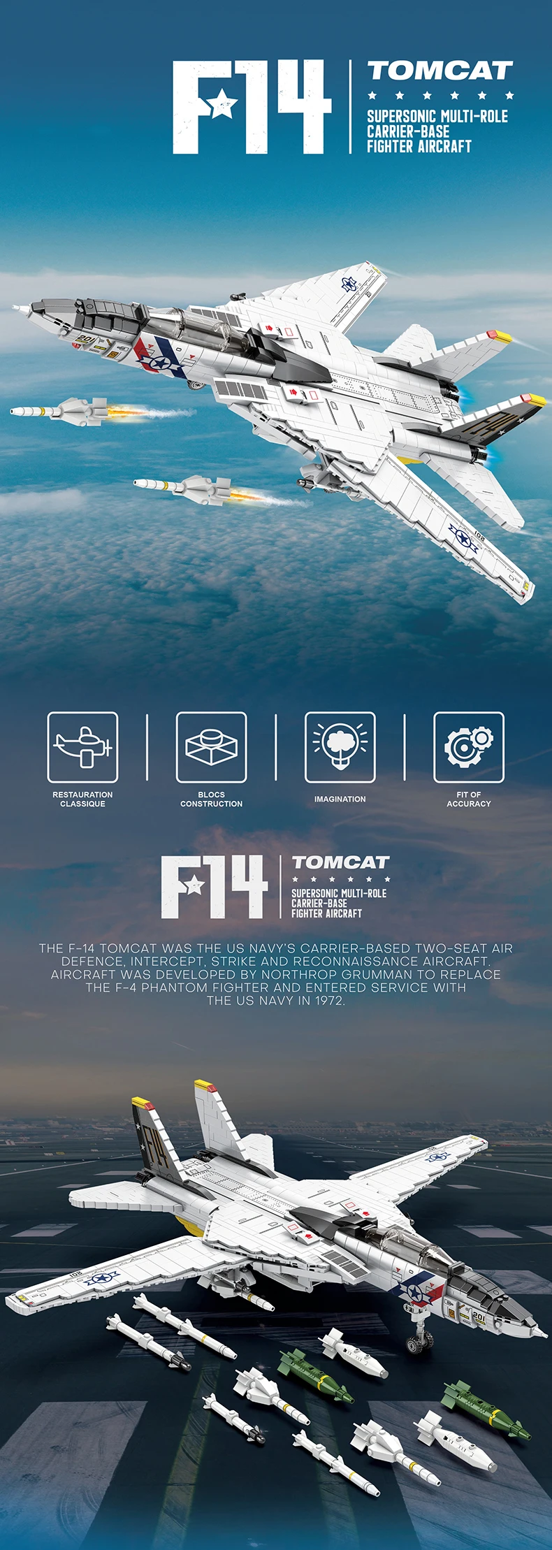 1443PCS Military Tomcat F14 Jet Fighter Building Blocks Carrier Based Aircraft Model Bricks Collection Holiday Gift For Men Boys
