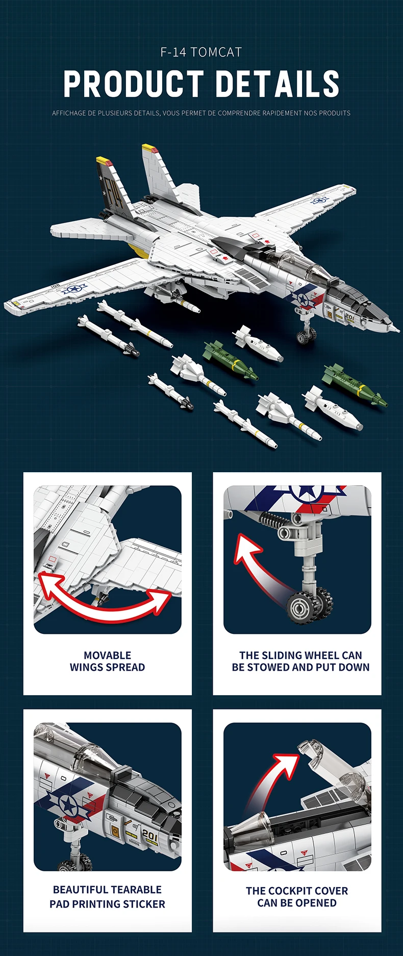 1443PCS Military Tomcat F14 Jet Fighter Building Blocks Carrier Based Aircraft Model Bricks Collection Holiday Gift For Men Boys