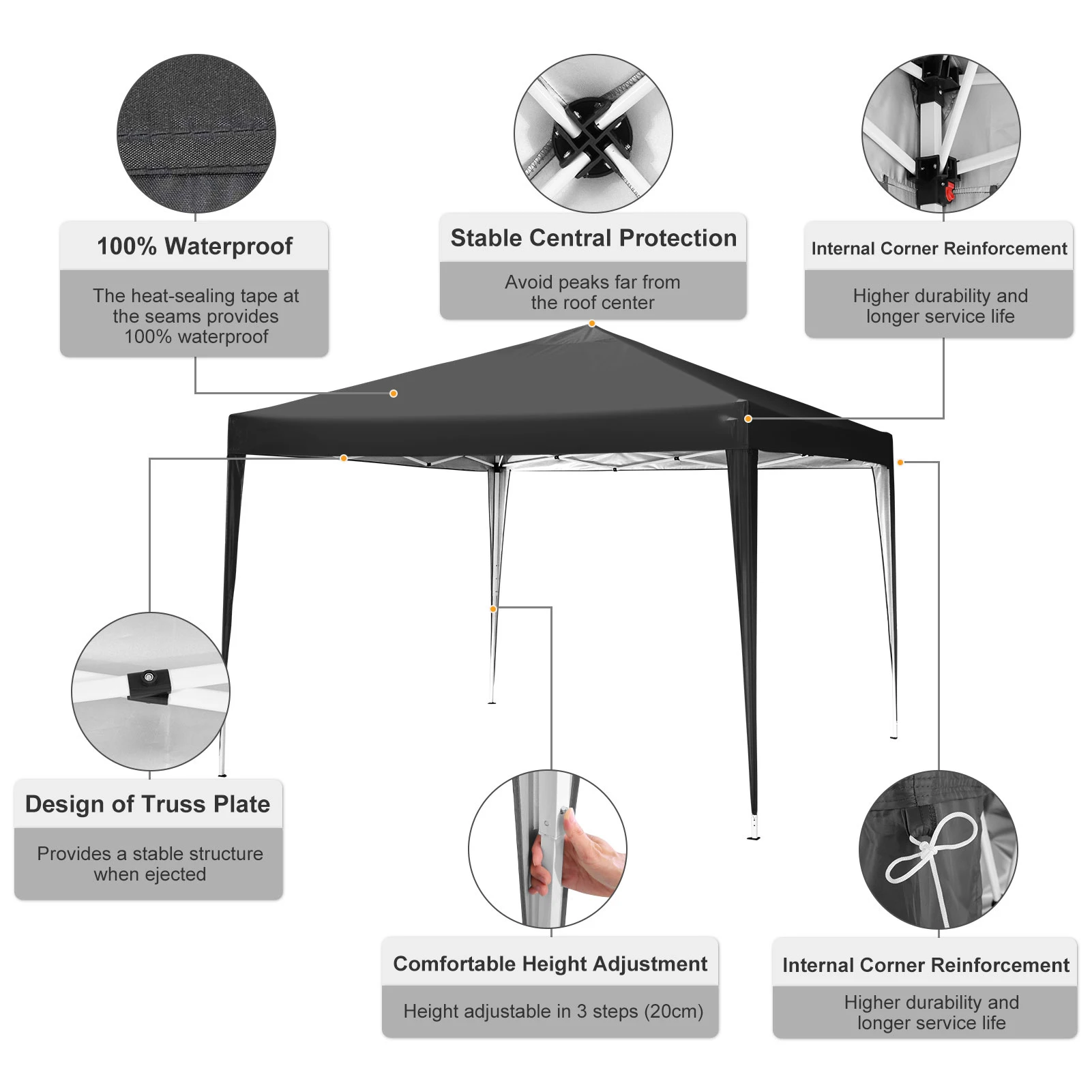3×3m Outdoor Pop Up Canopy Tent, Camping Party Tent, Commercial Portable Waterproof Backyard Gazebo with 4 Sandbags