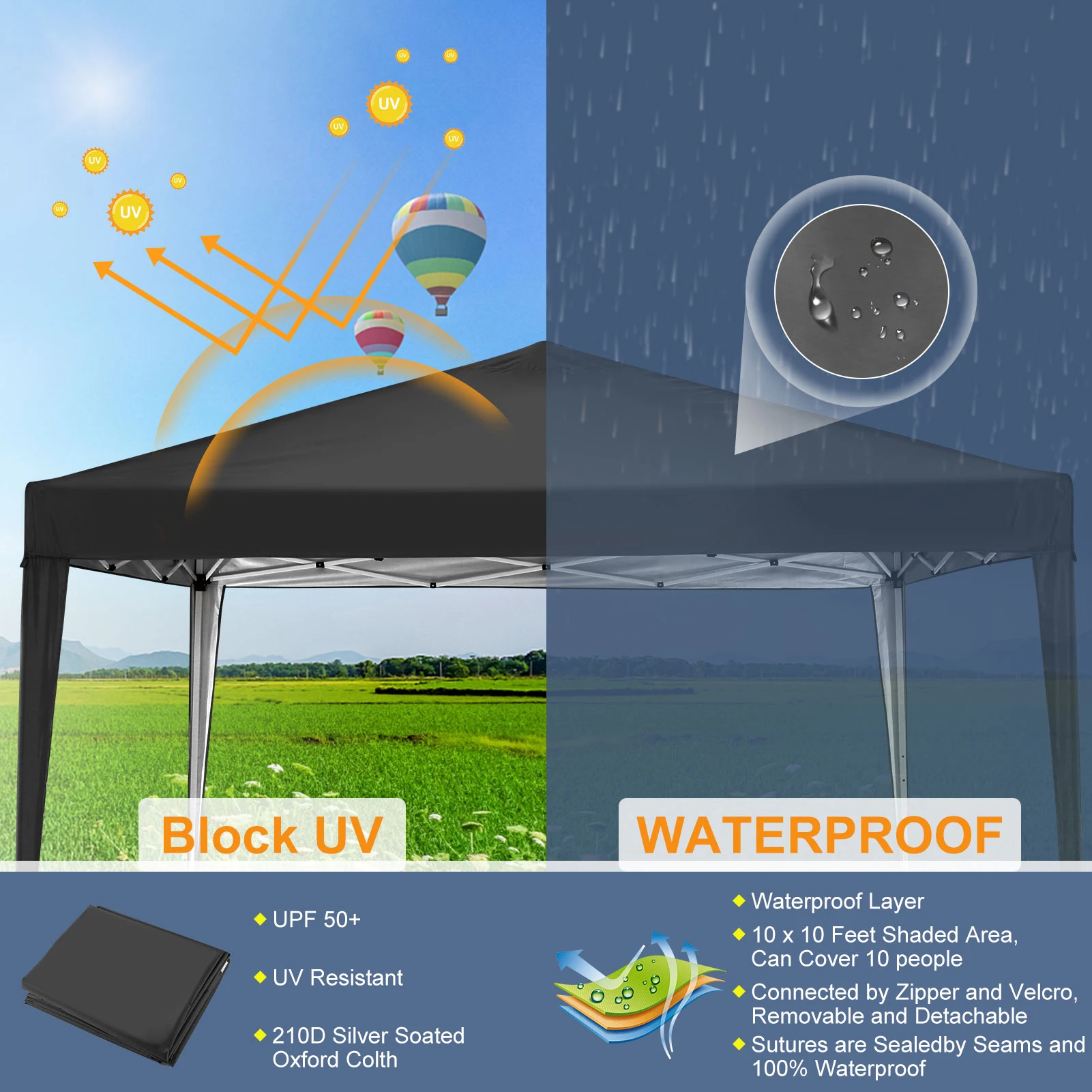 3×3m Outdoor Pop Up Canopy Tent, Camping Party Tent, Commercial Portable Waterproof Backyard Gazebo with 4 Sandbags