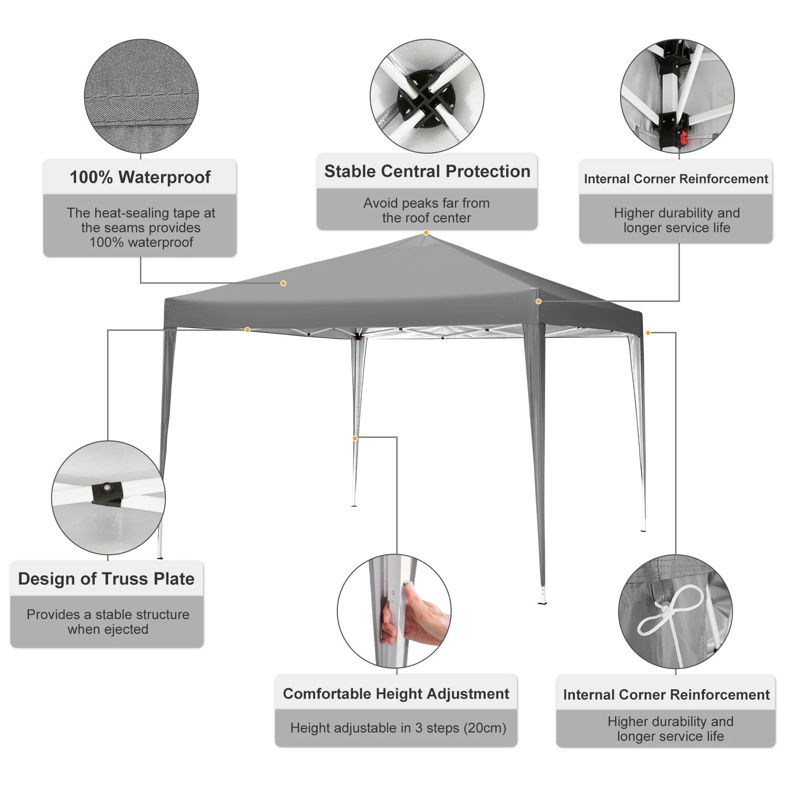 3×3m Outdoor Pop Up Canopy Tent, Camping Party Tent, Commercial Portable Waterproof Backyard Gazebo with 4 Sandbags