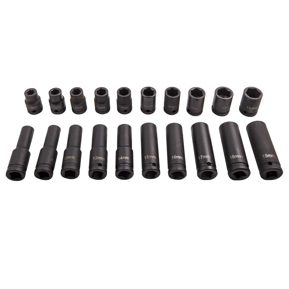 20Pcs Long Reach Wheel Wrench Nut 10mm-19mm 6 Points 1/2 inch Drive Sockets Set