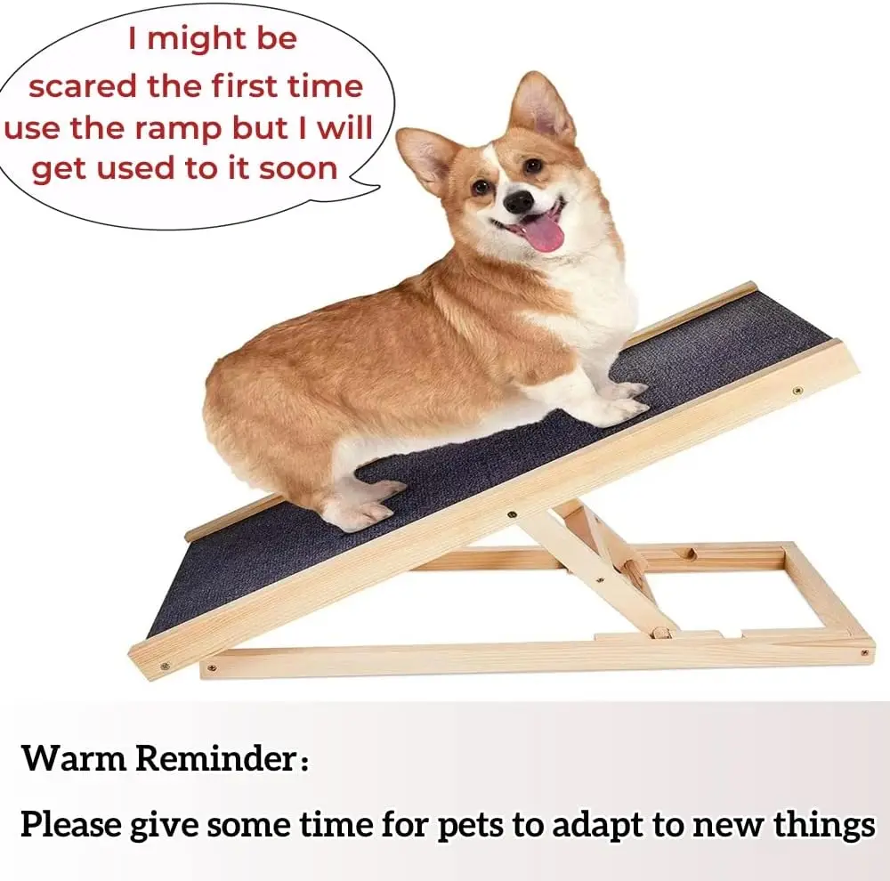 Solid Wooden Pet Ramp Car Dog Ladder - 4-Height Adjustable with Non-slip Carpet Safety Pets Ladder-Wooden Dog Ramp Pet Puppy