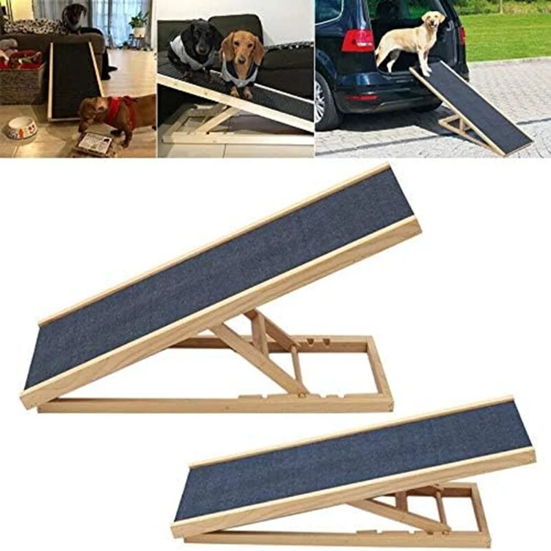 Solid Wooden Pet Ramp Car Dog Ladder - 4-Height Adjustable with Non-slip Carpet Safety Pets Ladder-Wooden Dog Ramp Pet Puppy