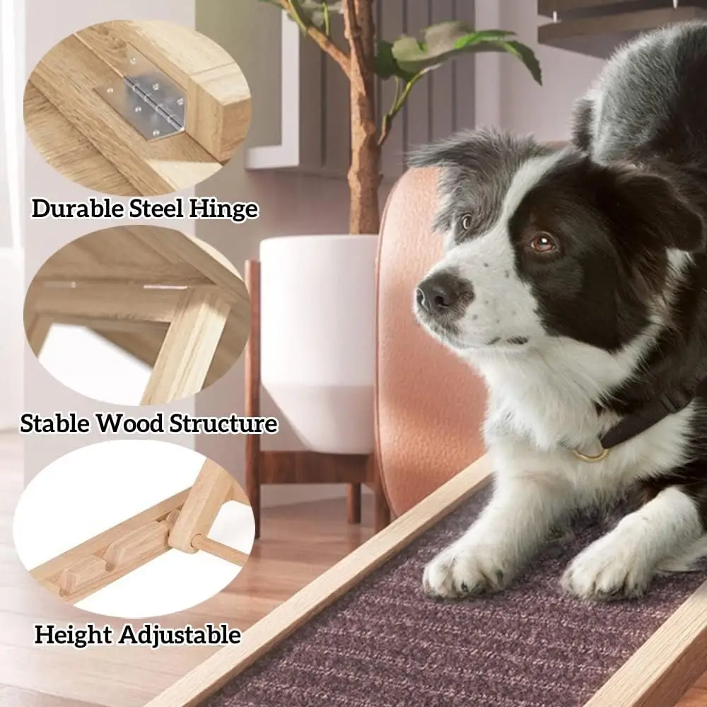 Solid Wooden Pet Ramp Car Dog Ladder - 4-Height Adjustable with Non-slip Carpet Safety Pets Ladder-Wooden Dog Ramp Pet Puppy