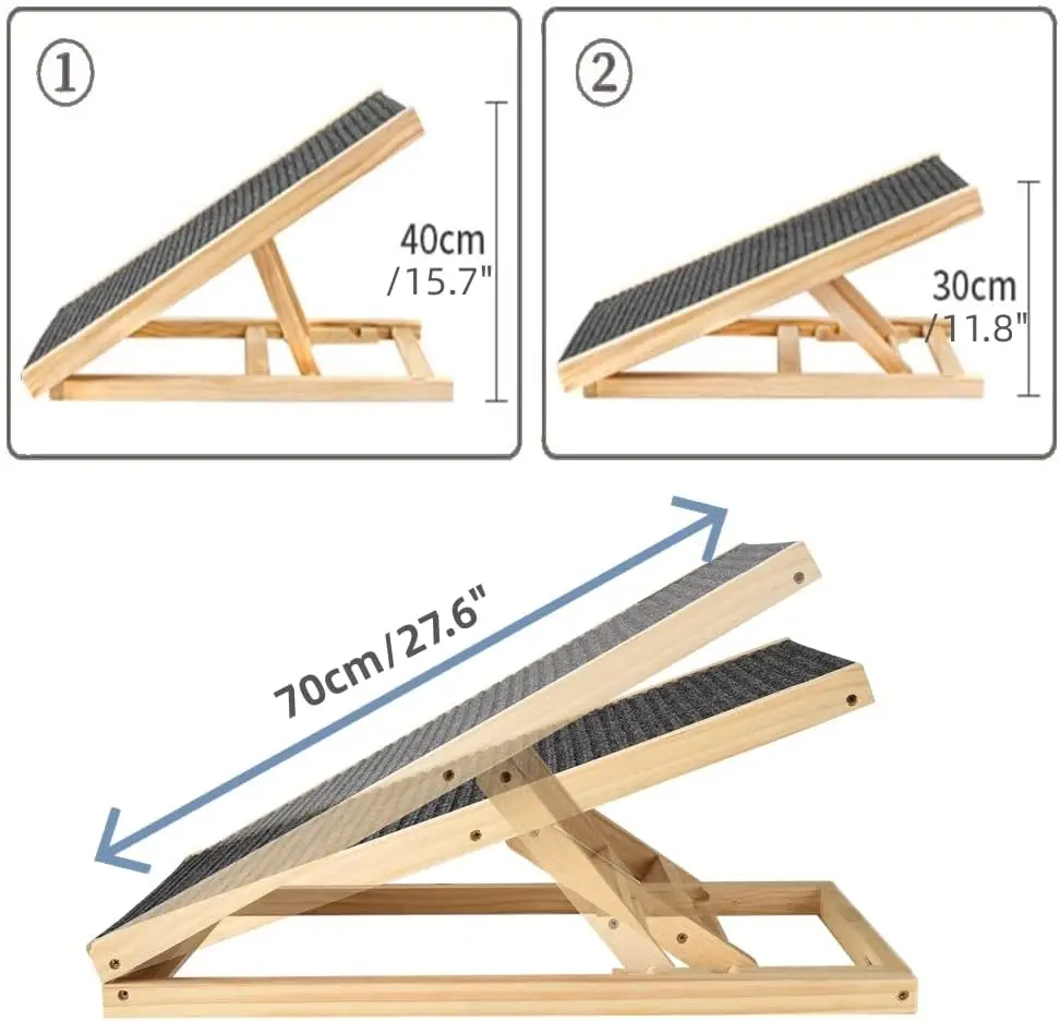 Solid Wooden Pet Ramp Car Dog Ladder - 4-Height Adjustable with Non-slip Carpet Safety Pets Ladder-Wooden Dog Ramp Pet Puppy