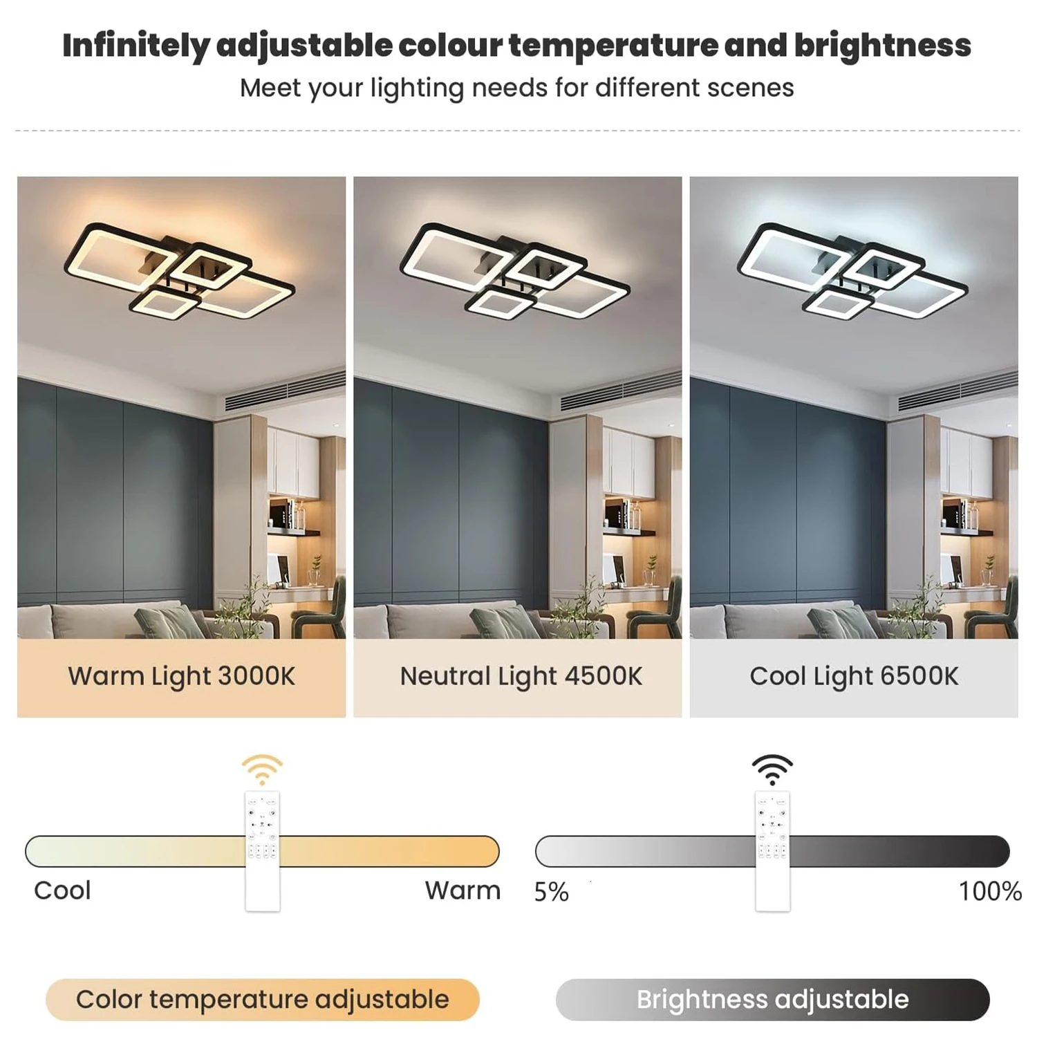 Modern LED Ceiling Light, 54W Dimmable Ceiling Light with Remote Control 3000K-6500K, Creative Rectangular Design Ceiling Lamp