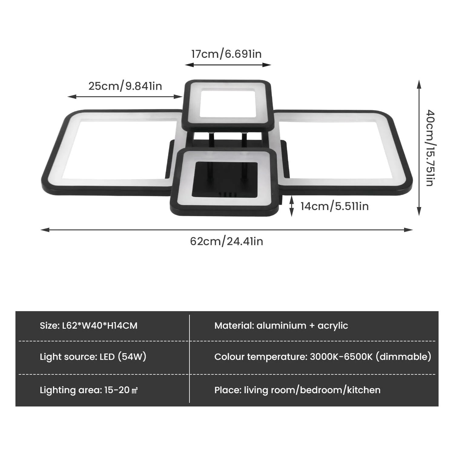 Modern LED Ceiling Light, 54W Dimmable Ceiling Light with Remote Control 3000K-6500K, Creative Rectangular Design Ceiling Lamp