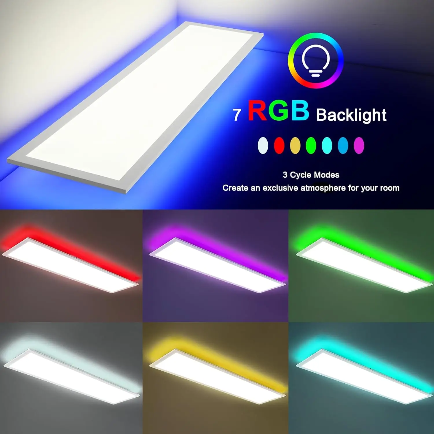 LED Panel Ceiling Light 100x25cm 30W, Dimmable with Remote, RGB Backlight, 3000K-6500K for Living Room, Office, Etc.