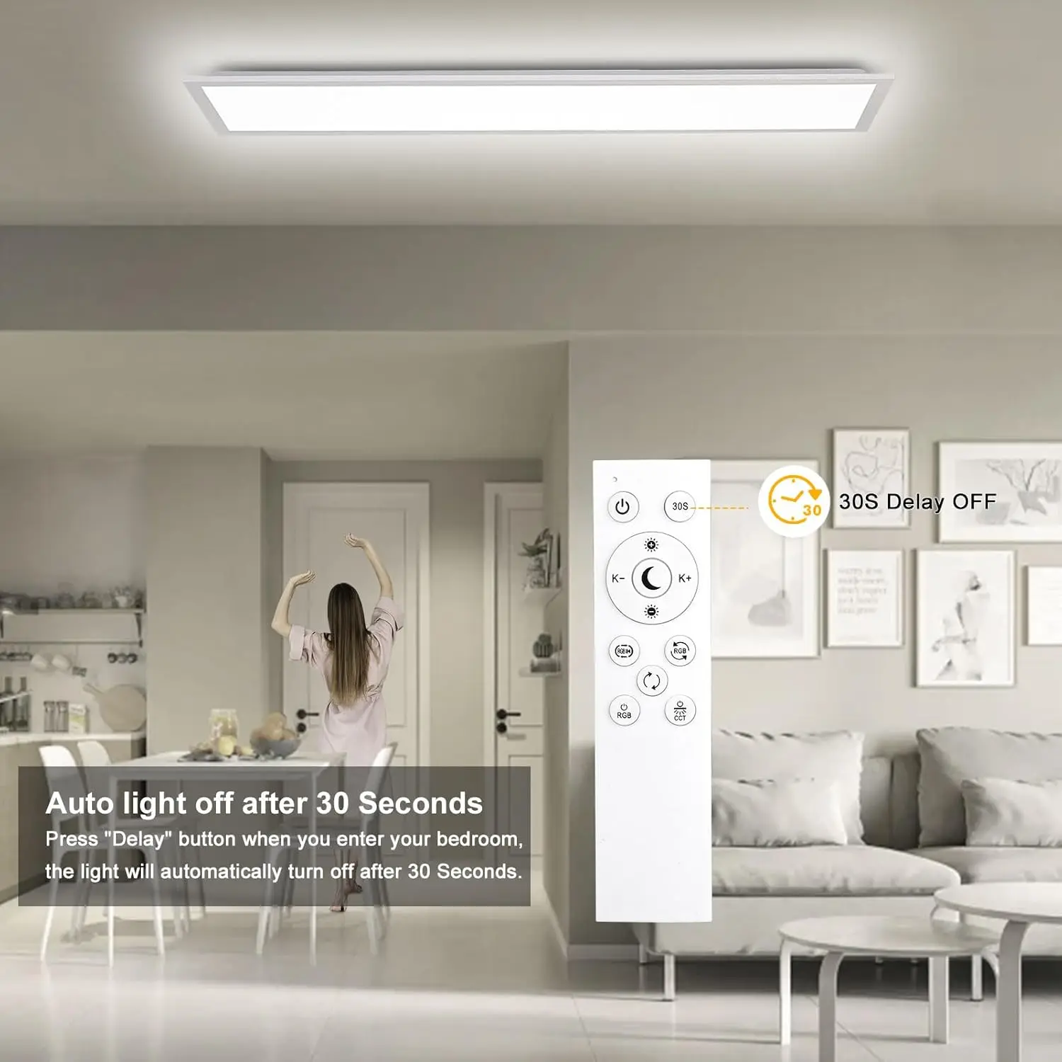 LED Panel Ceiling Light 100x25cm 30W, Dimmable with Remote, RGB Backlight, 3000K-6500K for Living Room, Office, Etc.