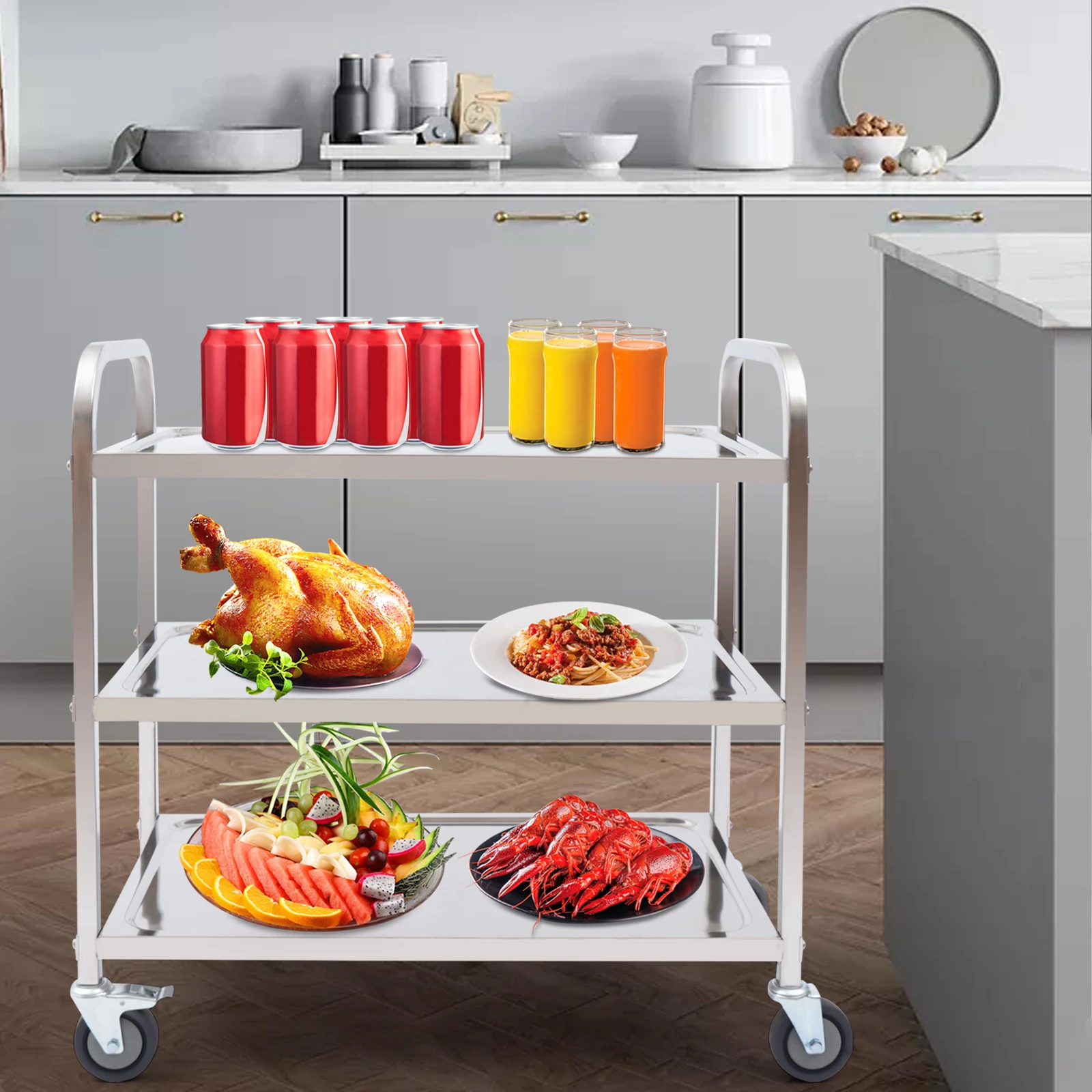 3 Tiers Storage Trolley Stainless Steel Service Trolley With Wheels Shelf Rack Storage Cart On Wheels For Restaurants Kitchens