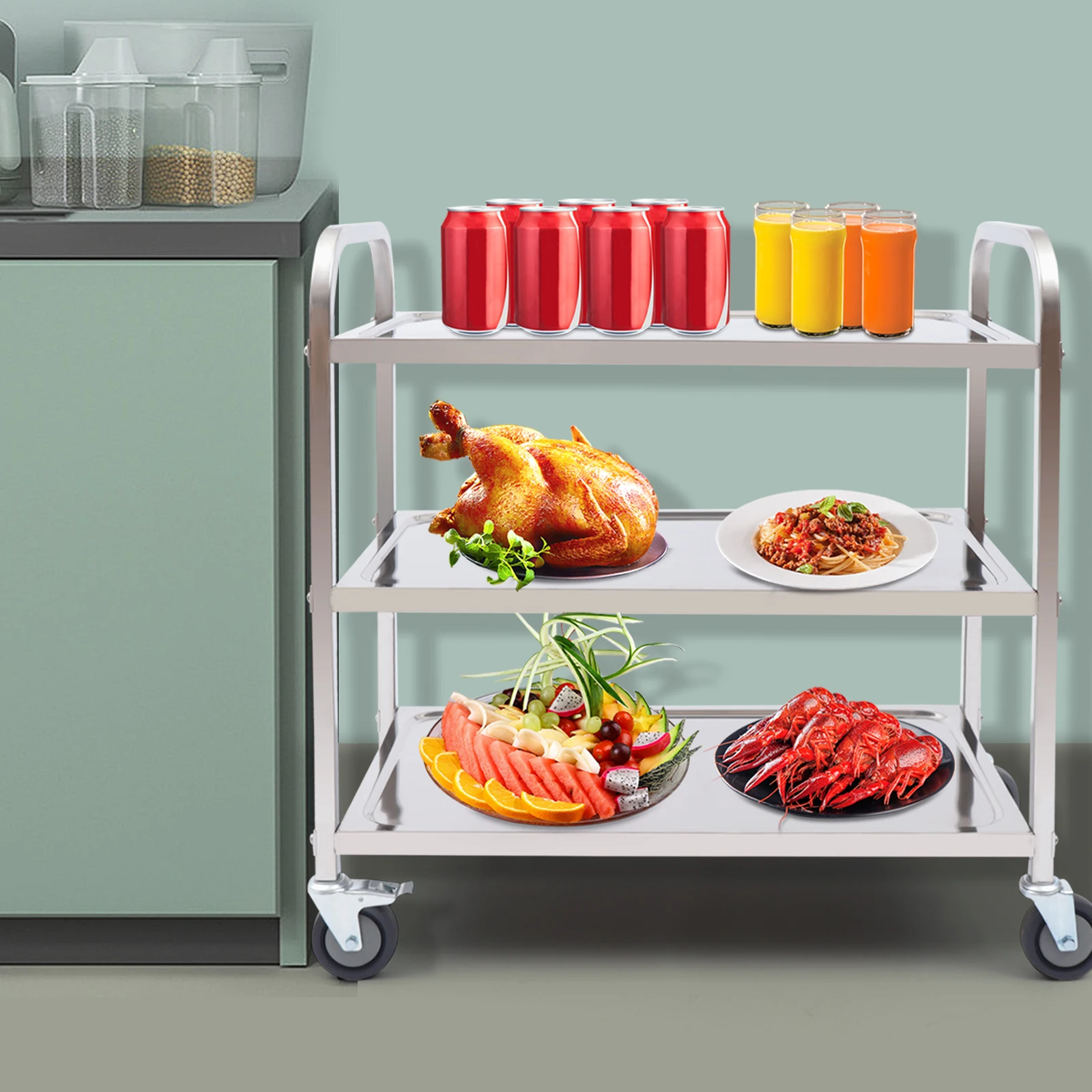 3 Tiers Storage Trolley Stainless Steel Service Trolley With Wheels Shelf Rack Storage Cart On Wheels For Restaurants Kitchens