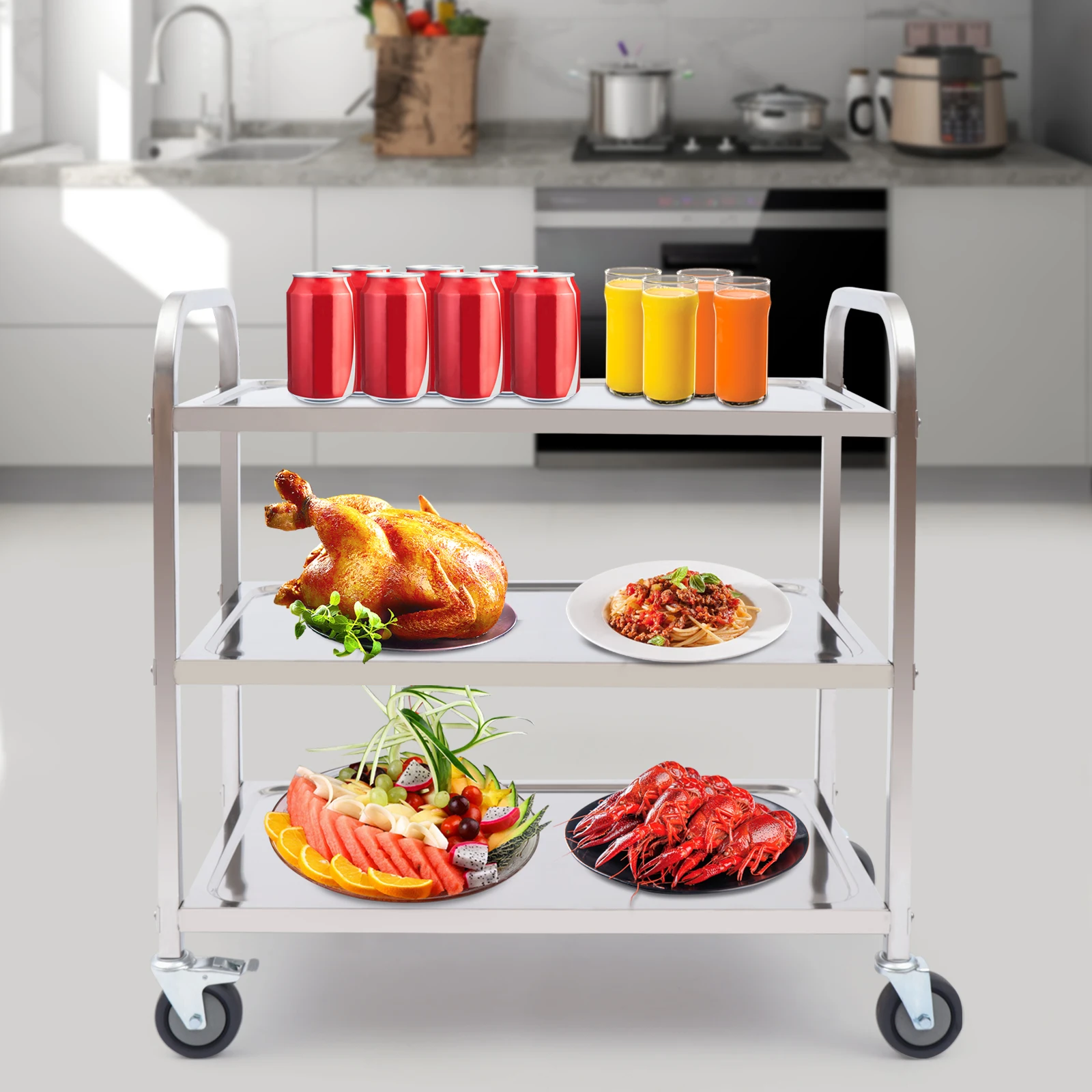 3 Tiers Storage Trolley Stainless Steel Service Trolley With Wheels Shelf Rack Storage Cart On Wheels For Restaurants Kitchens