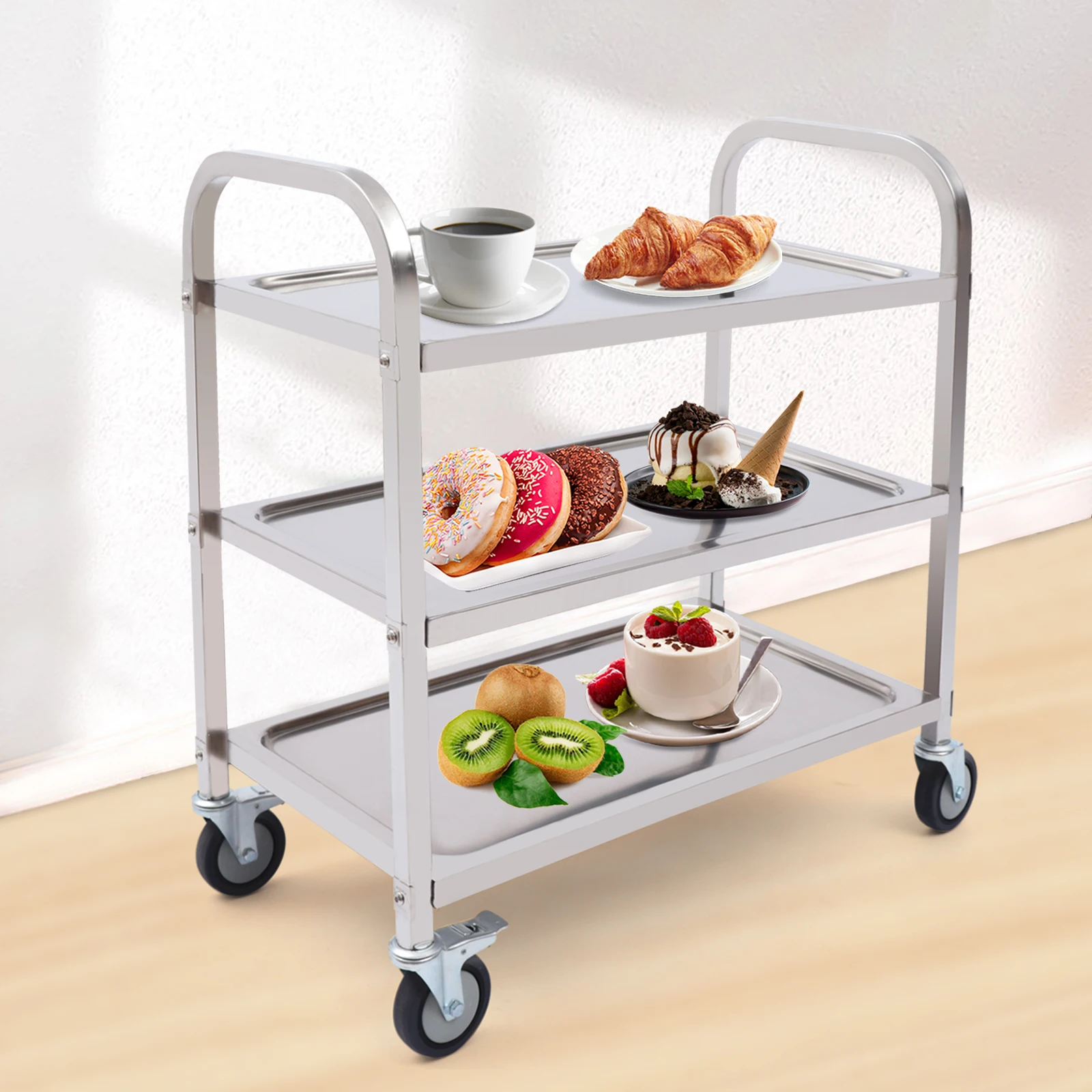 3 Tiers Storage Trolley Stainless Steel Service Trolley With Wheels Shelf Rack Storage Cart On Wheels For Restaurants Kitchens