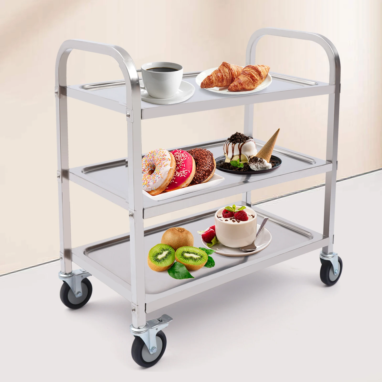 3 Tiers Storage Trolley Stainless Steel Service Trolley With Wheels Shelf Rack Storage Cart On Wheels For Restaurants Kitchens