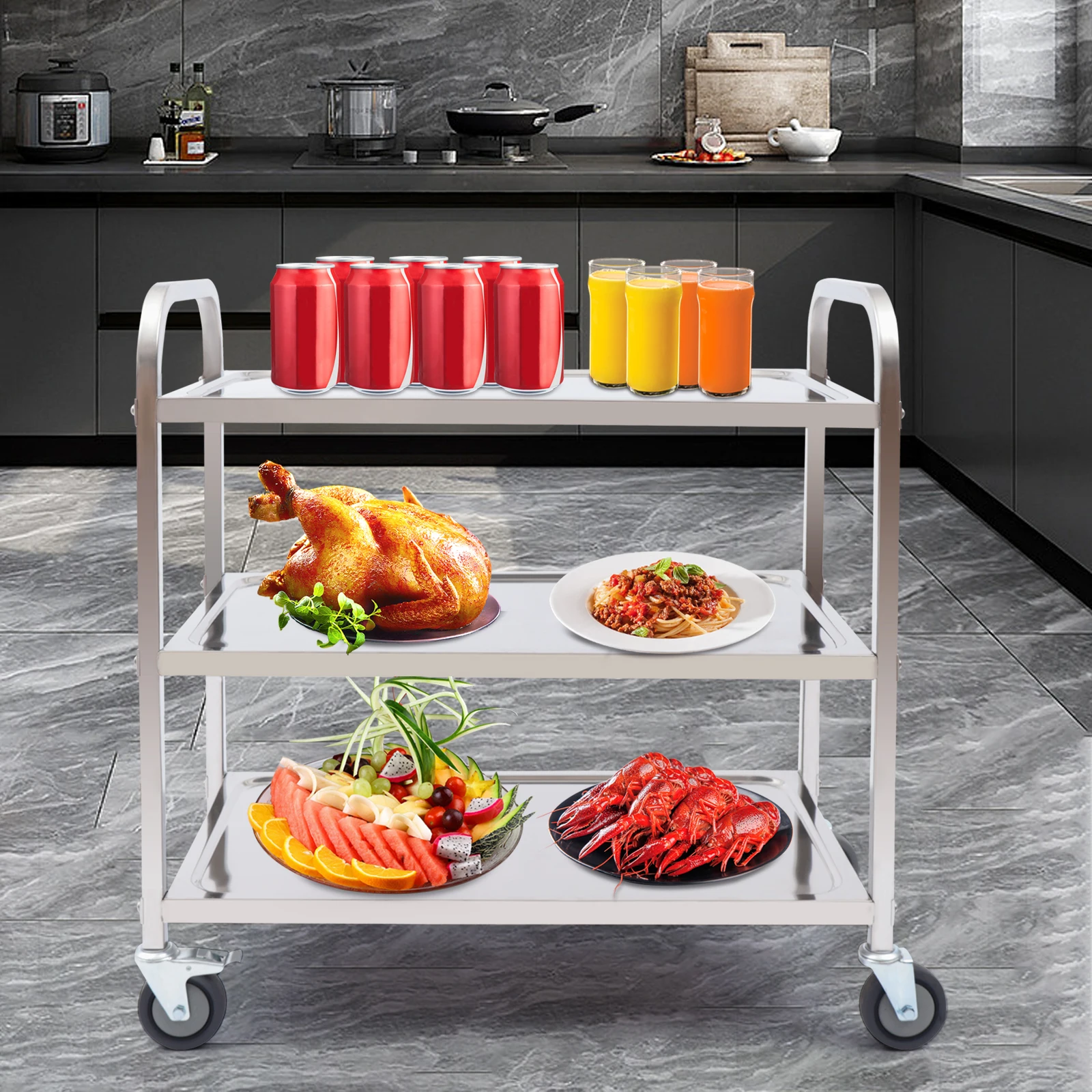 3 Tiers Storage Trolley Stainless Steel Service Trolley With Wheels Shelf Rack Storage Cart On Wheels For Restaurants Kitchens
