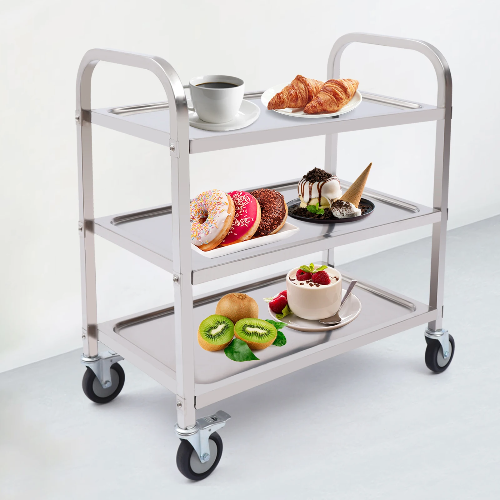 3 Tiers Storage Trolley Stainless Steel Service Trolley With Wheels Shelf Rack Storage Cart On Wheels For Restaurants Kitchens