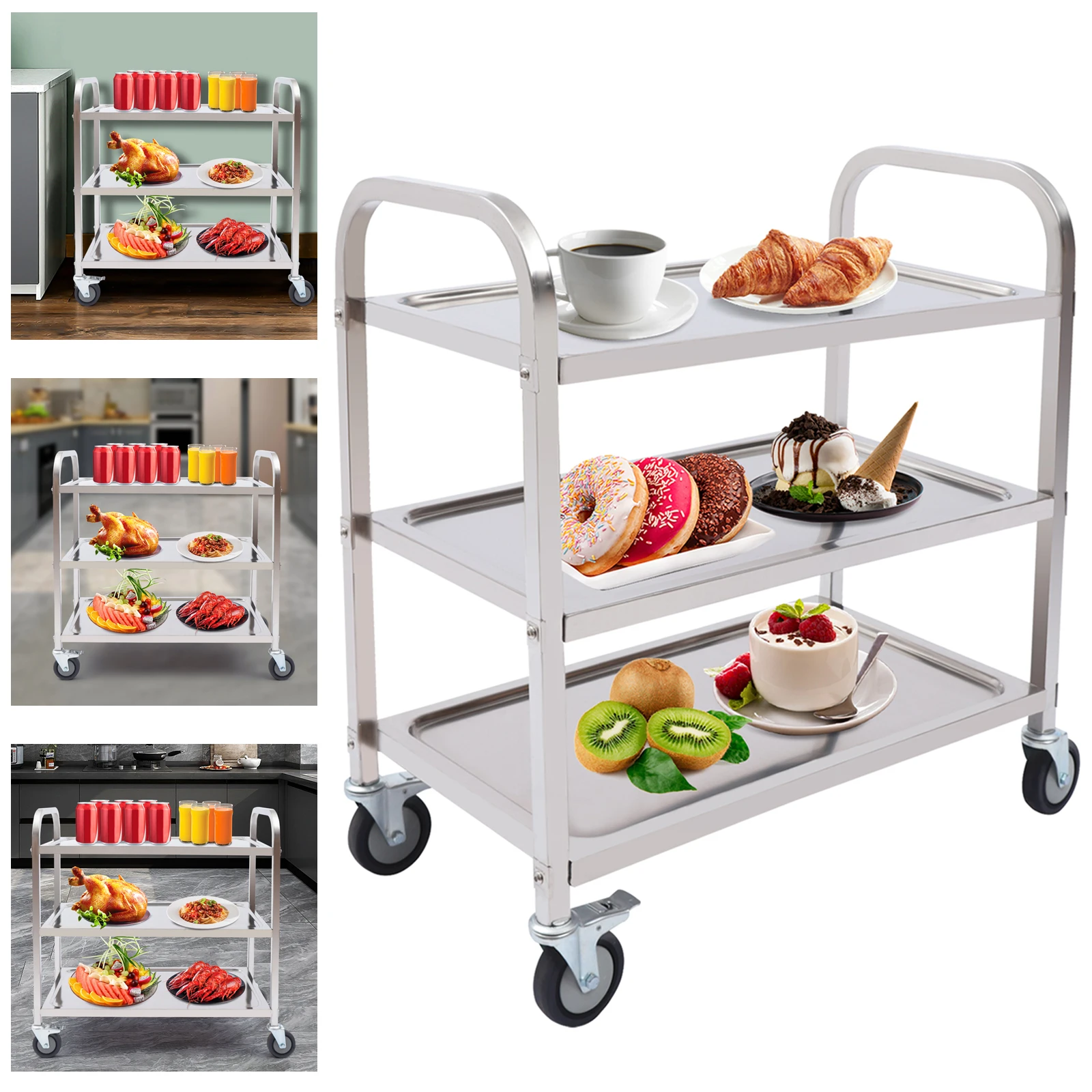 3 Tiers Storage Trolley Stainless Steel Service Trolley With Wheels Shelf Rack Storage Cart On Wheels For Restaurants Kitchens
