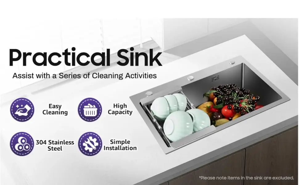 Stainless Steel Kitchen Sink, Large Sink Bowl 45 * 66cm with Drainer and Sewer Pipes, Inset/Undermount Kitchen Rectangular Sink