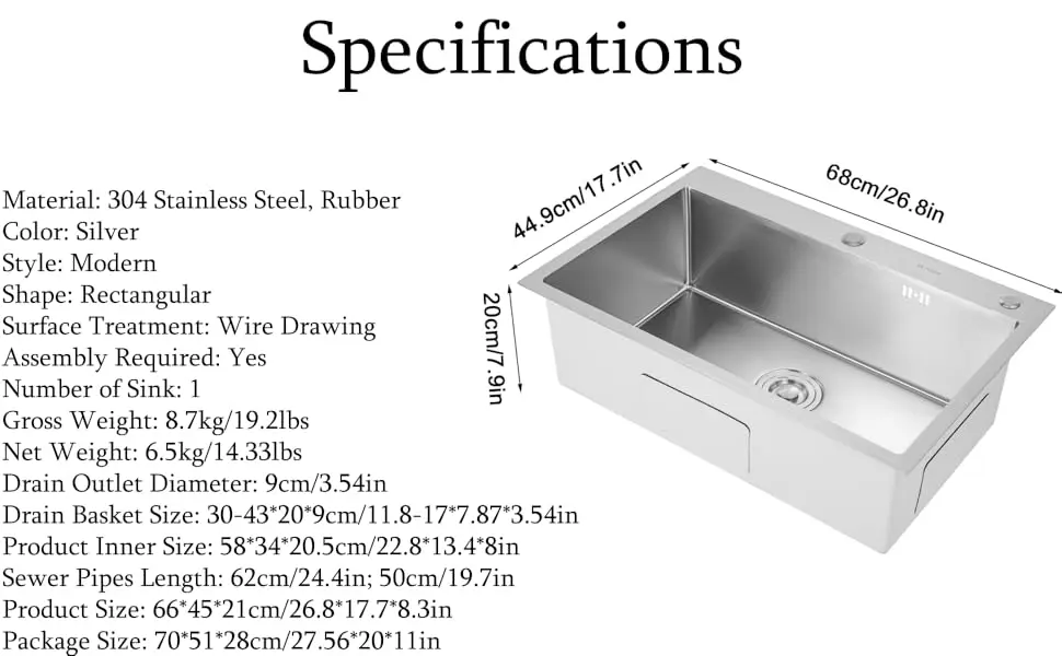 Stainless Steel Kitchen Sink, Large Sink Bowl 45 * 66cm with Drainer and Sewer Pipes, Inset/Undermount Kitchen Rectangular Sink