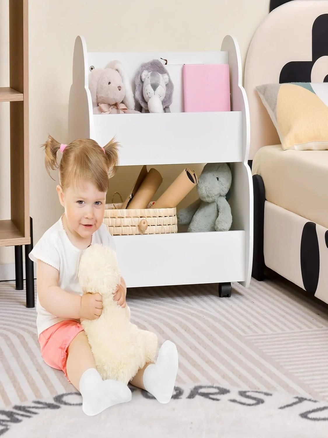 Kids Bookcase on Wheels, 2 Tier Wooden Toy Shelf, 52 x 47 x 63.5 cm (White)