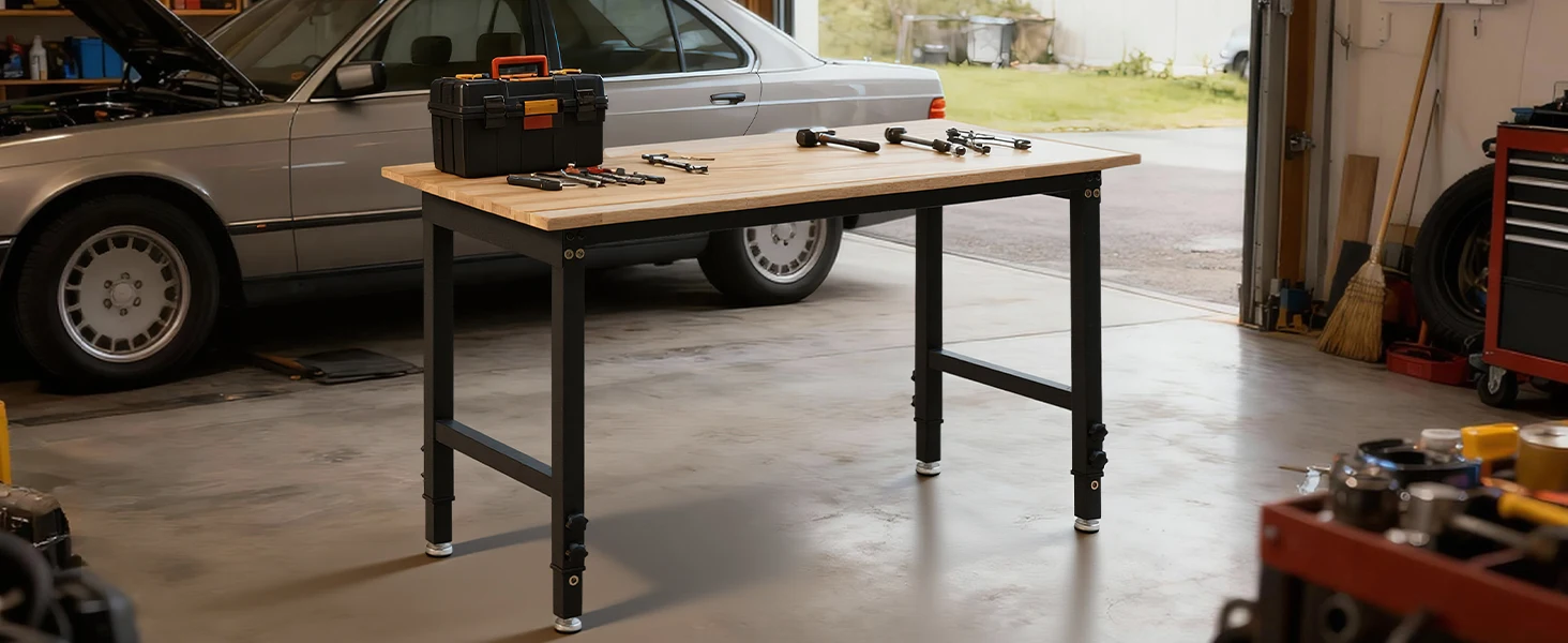 SucceBuy 1500LBS Garage Adjustable Workbench 48x24in with Height Adjustment Oak Wood Top Hardwood Worktable for Workshop Home