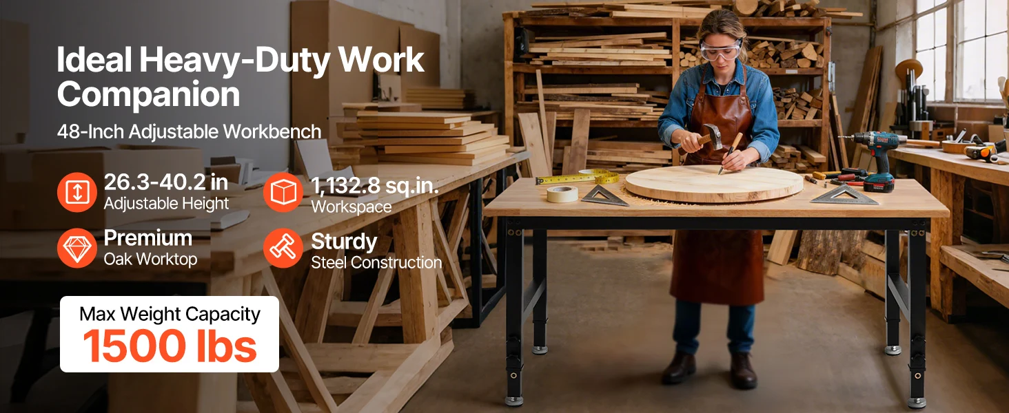 SucceBuy 1500LBS Garage Adjustable Workbench 48x24in with Height Adjustment Oak Wood Top Hardwood Worktable for Workshop Home