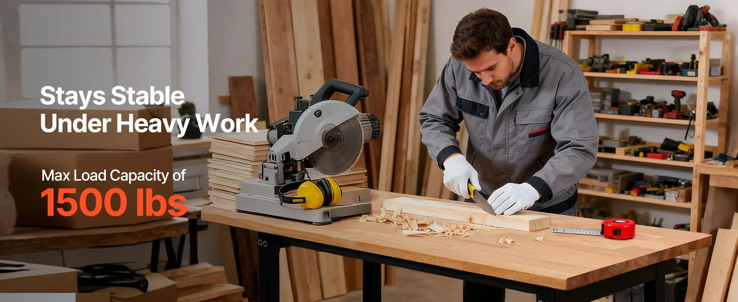 SucceBuy 1500LBS Garage Adjustable Workbench 48x24in with Height Adjustment Oak Wood Top Hardwood Worktable for Workshop Home