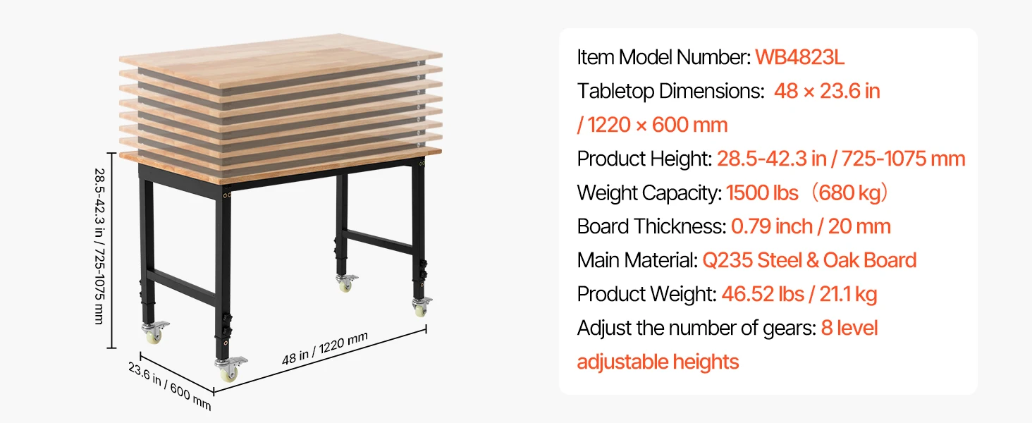 SucceBuy 1500LBS Garage Adjustable Workbench 48x24in with Height Adjustment Oak Wood Top Hardwood Worktable for Workshop Home