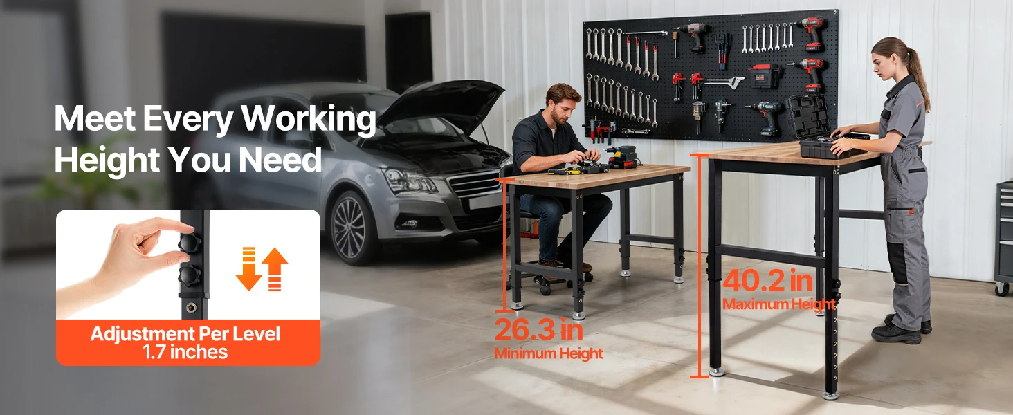 SucceBuy 1500LBS Garage Adjustable Workbench 48x24in with Height Adjustment Oak Wood Top Hardwood Worktable for Workshop Home