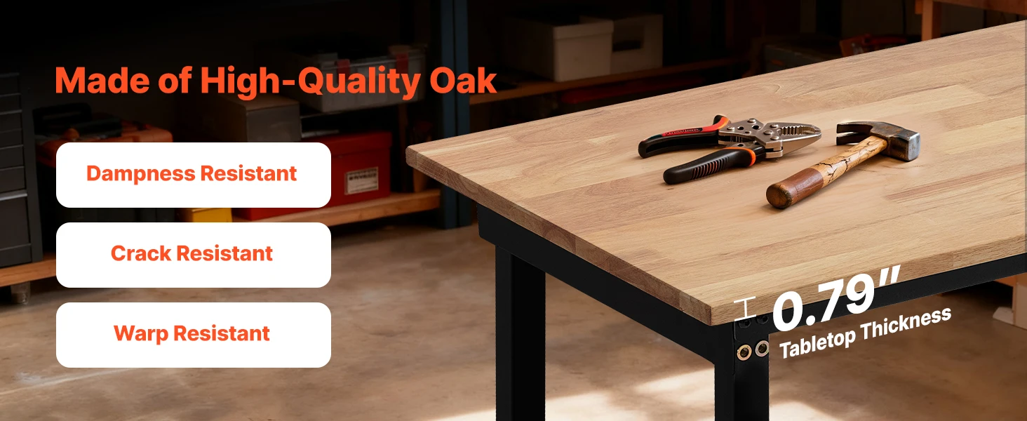 SucceBuy 1500LBS Garage Adjustable Workbench 48x24in with Height Adjustment Oak Wood Top Hardwood Worktable for Workshop Home