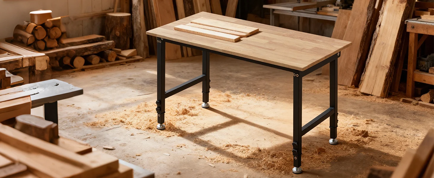 SucceBuy 1500LBS Garage Adjustable Workbench 48x24in with Height Adjustment Oak Wood Top Hardwood Worktable for Workshop Home