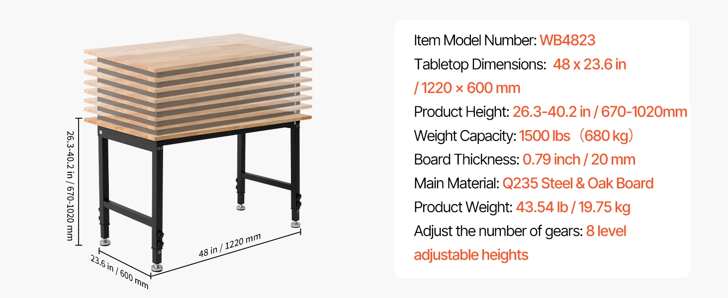 SucceBuy 1500LBS Garage Adjustable Workbench 48x24in with Height Adjustment Oak Wood Top Hardwood Worktable for Workshop Home