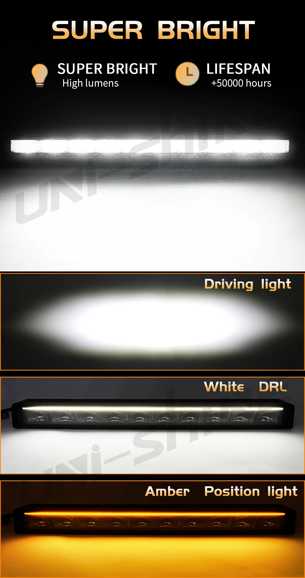 UNISHINE Hood Reflector LED Light Bar 6000K Amber DRL Spot Flood Beams Work Light Bar 600W for Offroad 4WD 4x4 Trucks 12V 24V
