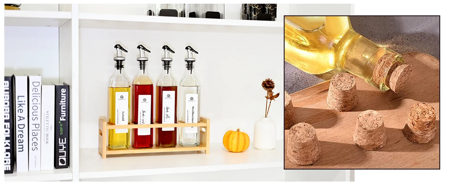 Oil Vinegar Bottles Set with Bamboo Shelf, 4x500ml Glass Oil Dispenser with White Labels, Kitchen Storage Organizer