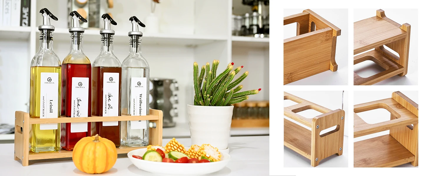 Oil Vinegar Bottles Set with Bamboo Shelf, 4x500ml Glass Oil Dispenser with White Labels, Kitchen Storage Organizer