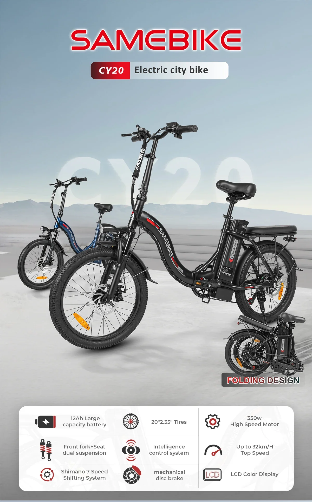 SAMEBIKE CY20 Folding Electric cycle 350W Motor 36V 12AH Removable Lithium Battery Adult driving Bike 20-inch is shooting City Ebike