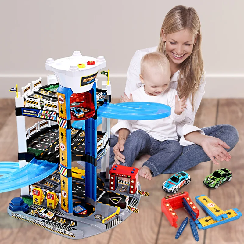 Parking Building Electric Track Assemble Large Parking Lot Toys with Electric Hand Lift Rails Racing Rail for Kid Gifts Boy Game