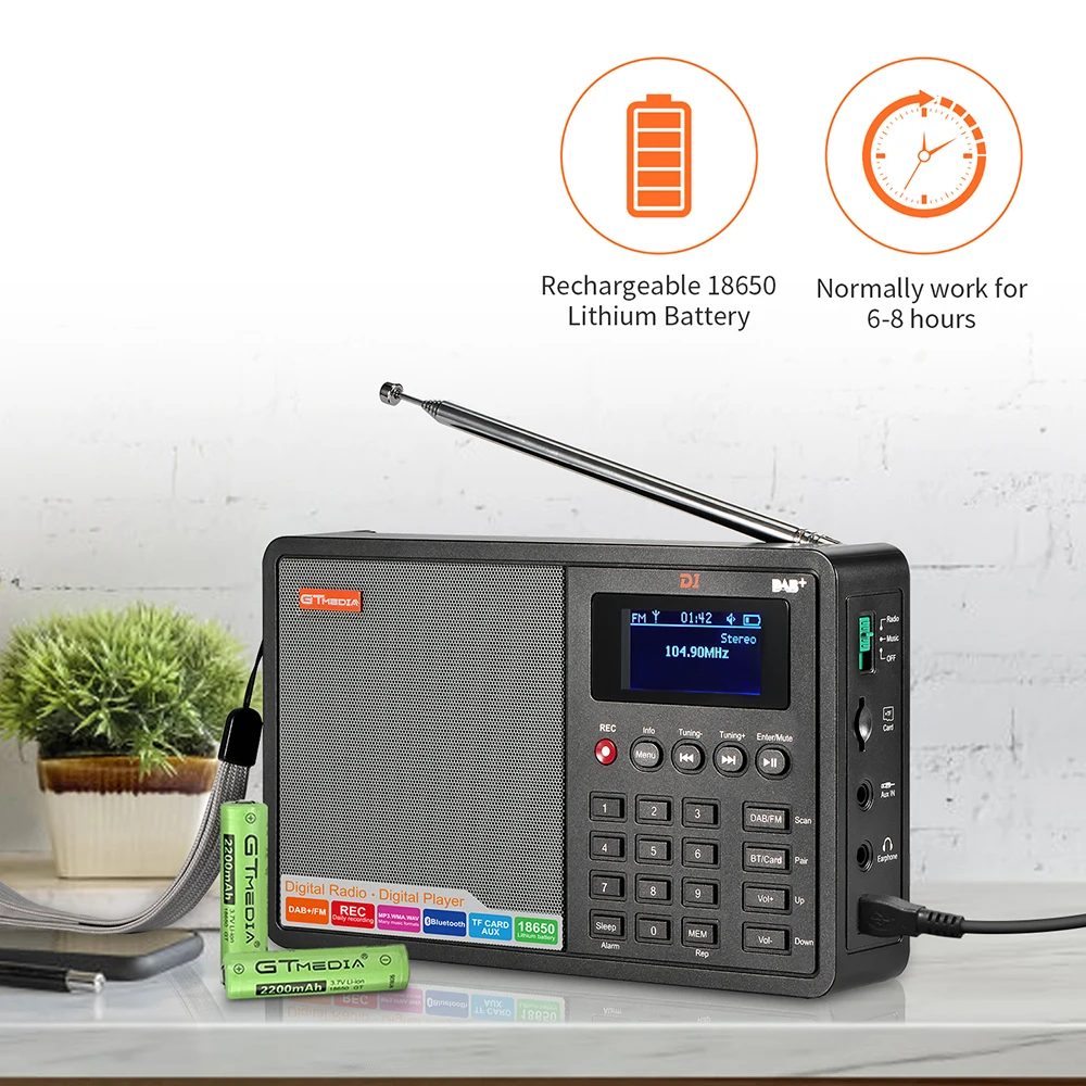Portable Radio DAB+/FM+BT/Card/AUX Support BT TF Card Digital Player Support Clock/Alarm/Sleep Timer with Time GTMEDIA D1
