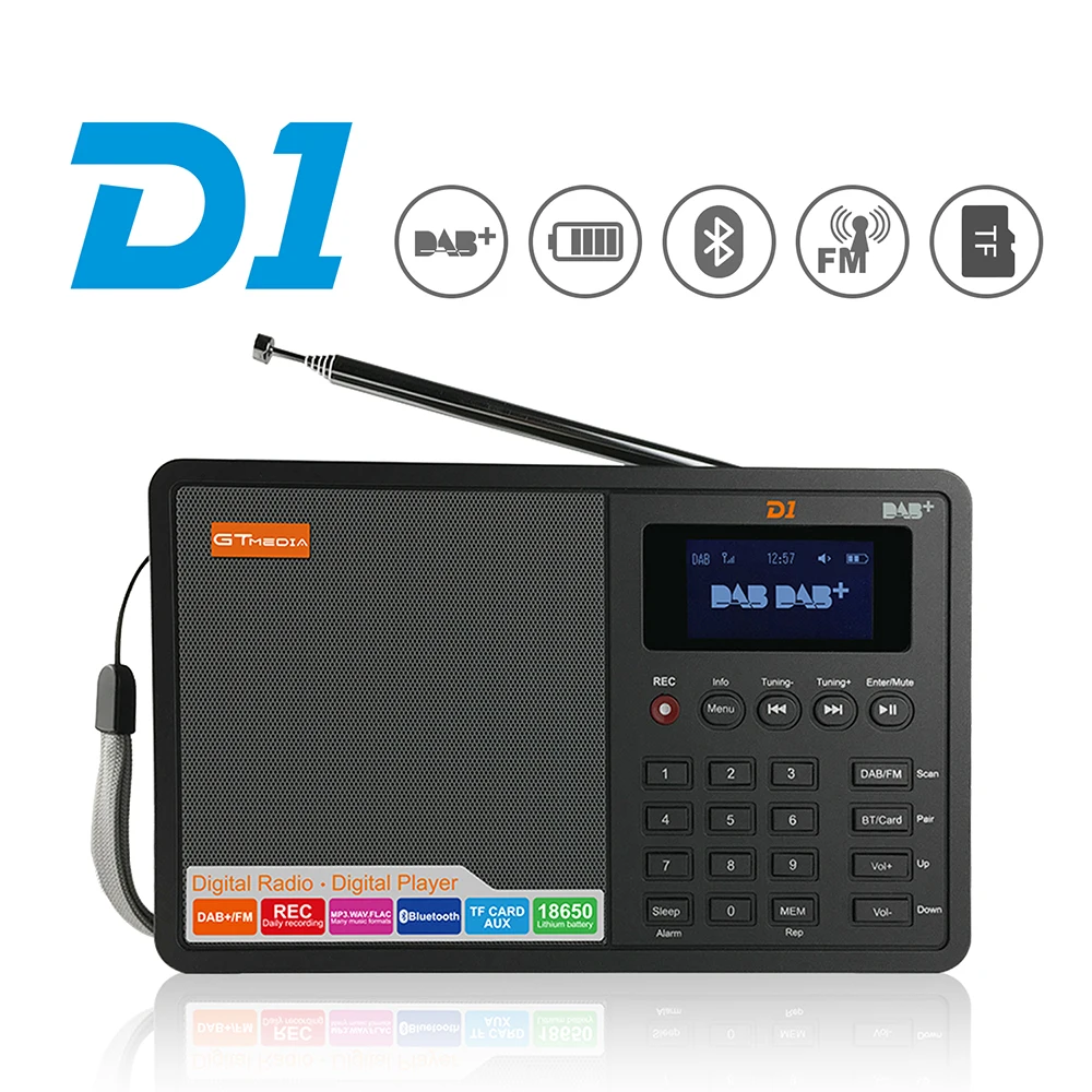 Portable Radio DAB+/FM+BT/Card/AUX Support BT TF Card Digital Player Support Clock/Alarm/Sleep Timer with Time GTMEDIA D1